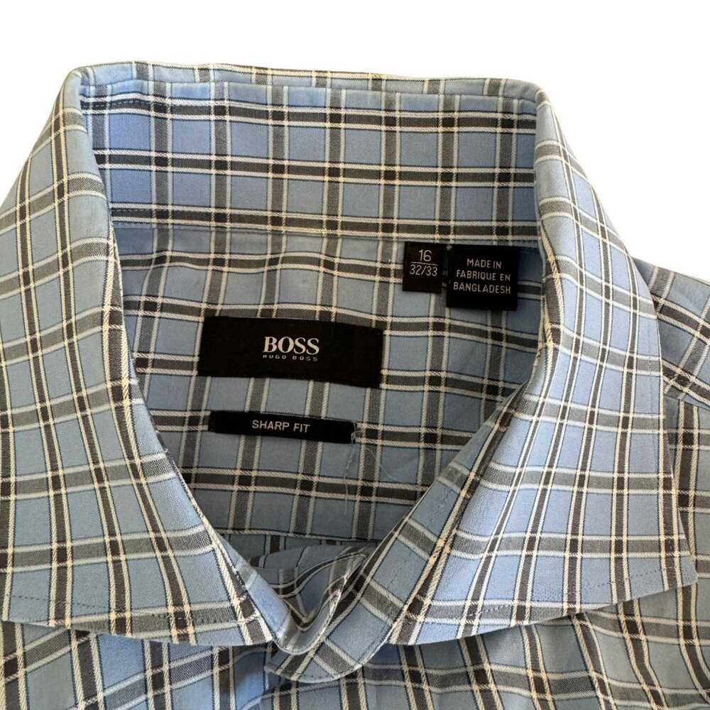 Boss Hugo Boss Men's Sharp Fit Blue Checkered Cotton Dress Shirt, Size 16 32/33 - Picture 5 of 7